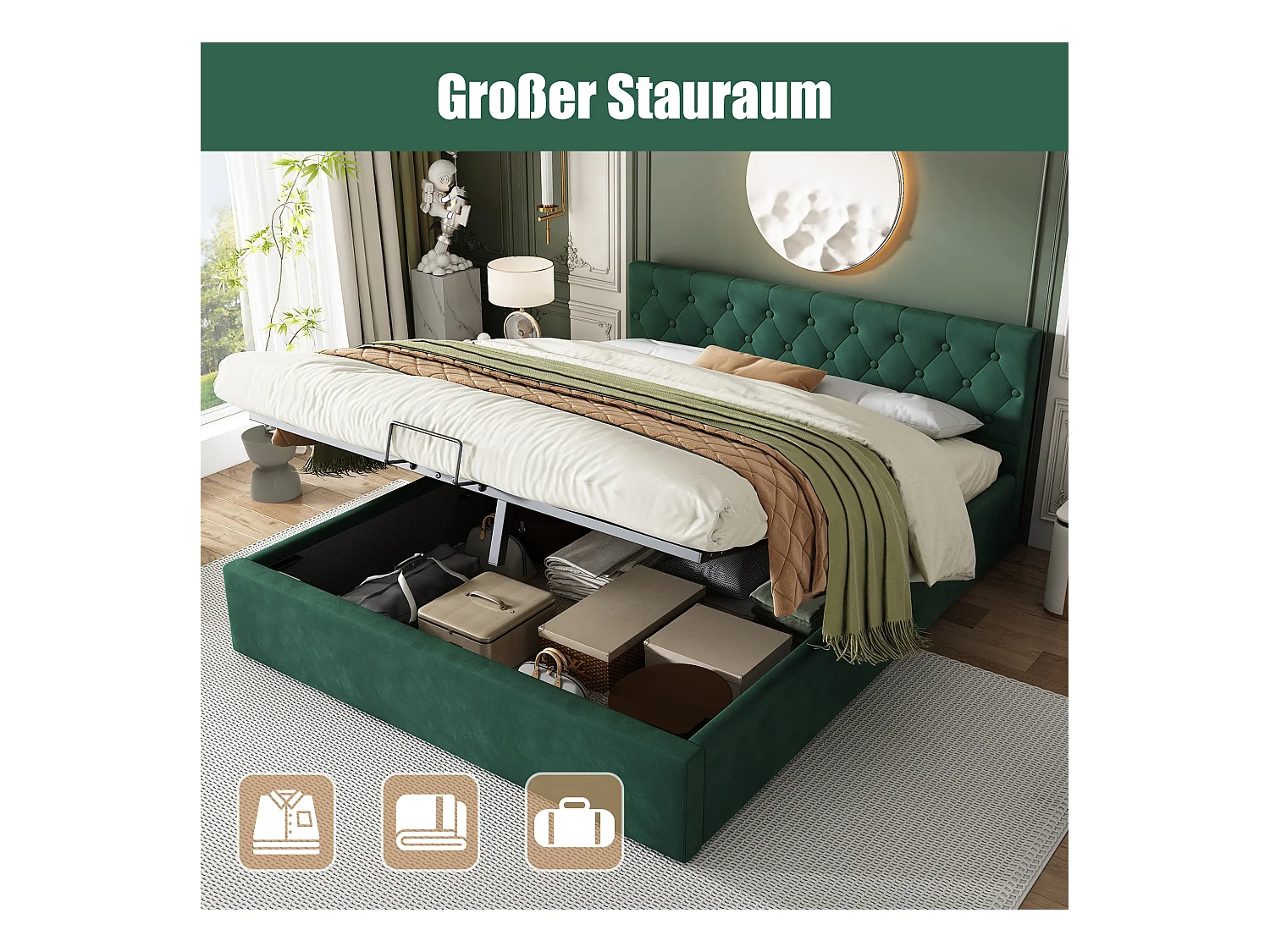 Lit coffre 140 x 200 cm - avec espace de rangement - Vert - Sweiko