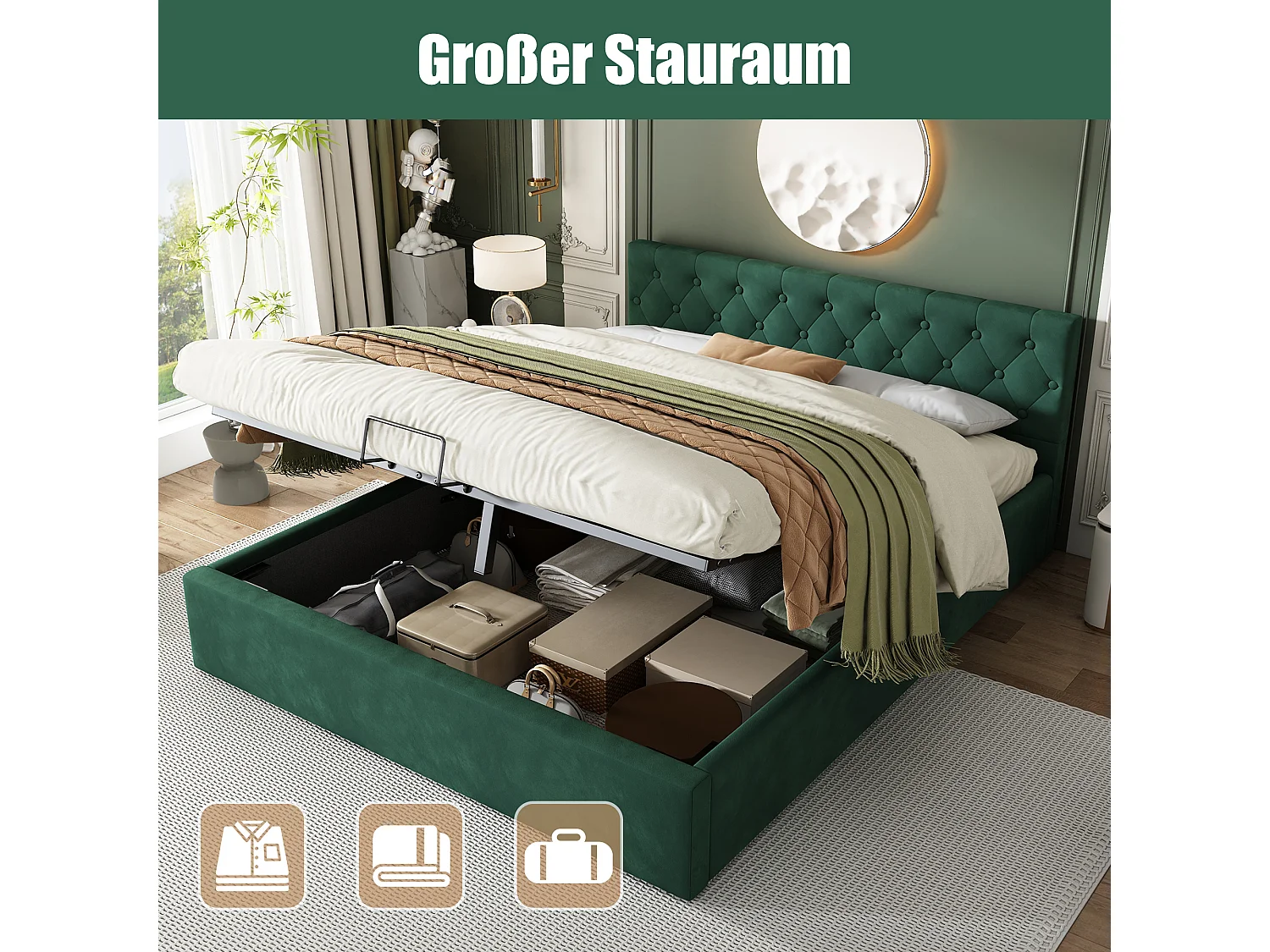 Lit coffre 140 x 200 cm - avec espace de rangement - Vert - Sweiko
