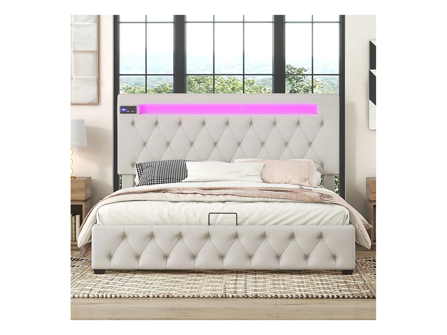 Lit coffre 140x200cm - avec chargeur USB Lecteur Bluetooth - Beige - Sweiko