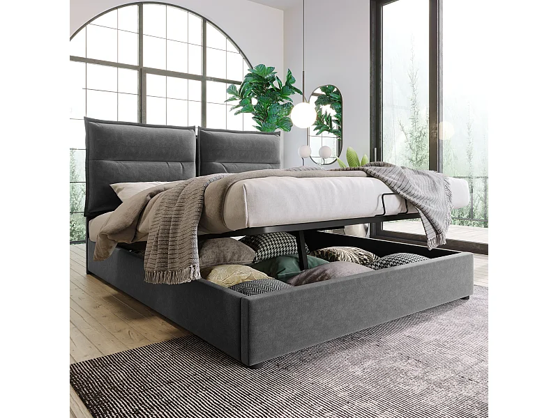 Lit coffre - 140x200cm - avec grand espace de rangement, gris (avec matelas) - Sweiko