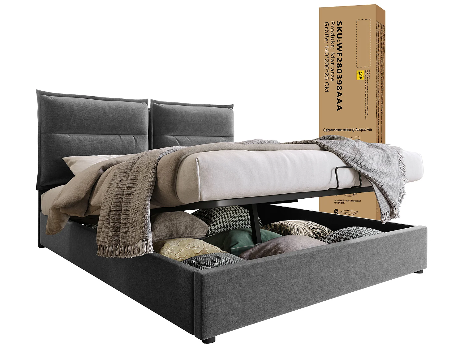 Lit coffre - 140x200cm - avec grand espace de rangement, gris (avec matelas) - Sweiko