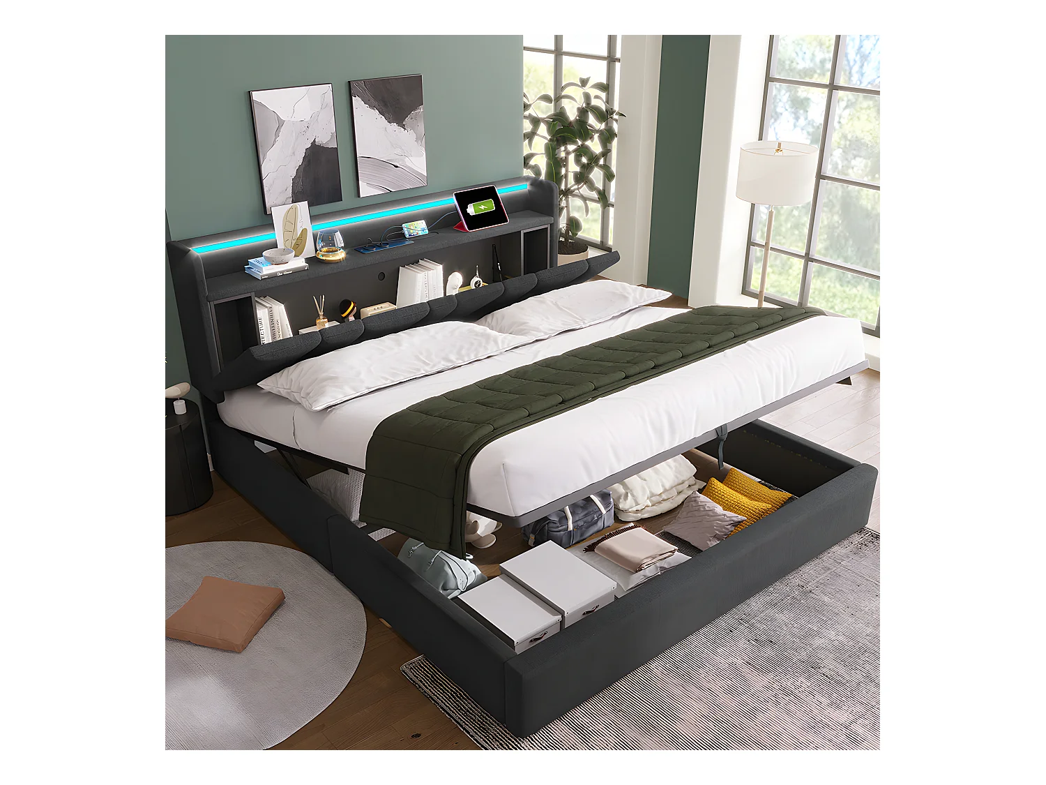 Lit coffre adulte capitonnée - 140 x 200 cm station de charge USB - chevets intégrés avec LED - Gris - Sweiko