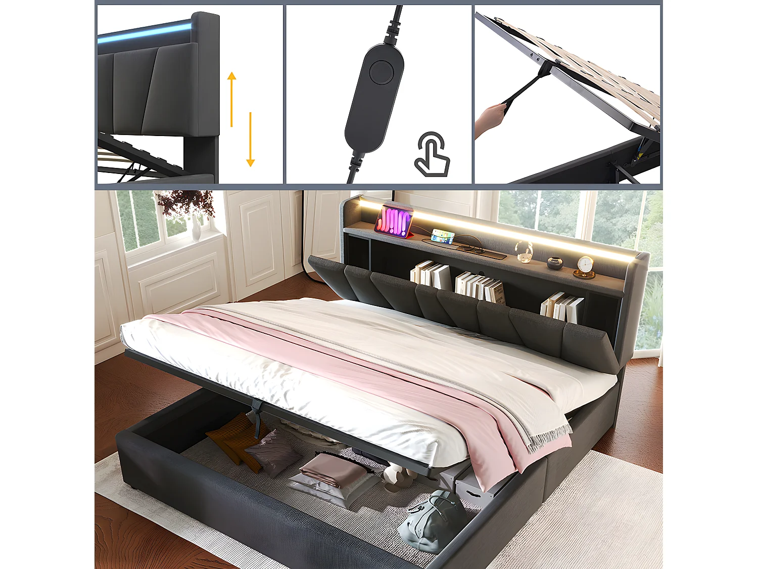 Lit coffre adulte capitonnée - 140 x 200 cm station de charge USB - chevets intégrés avec LED - Gris - Sweiko