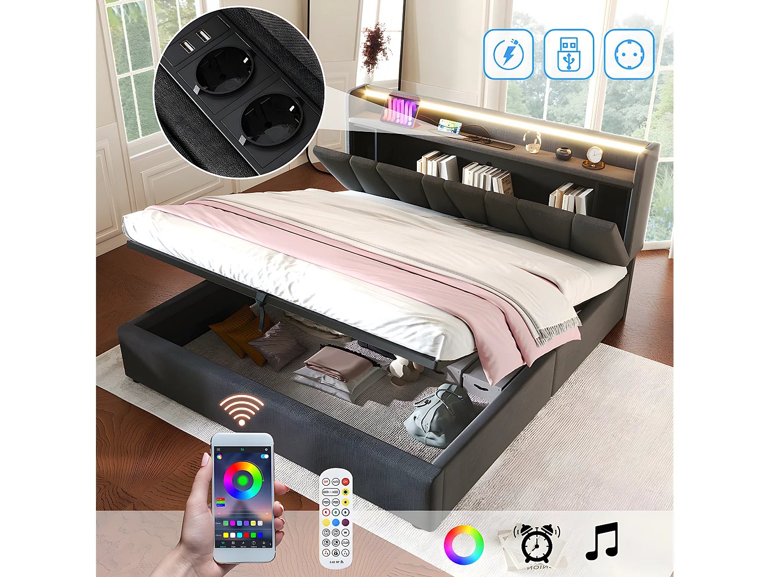 Lit coffre adulte capitonnée - 140 x 200 cm station de charge USB - chevets intégrés avec LED - Gris - Sweiko