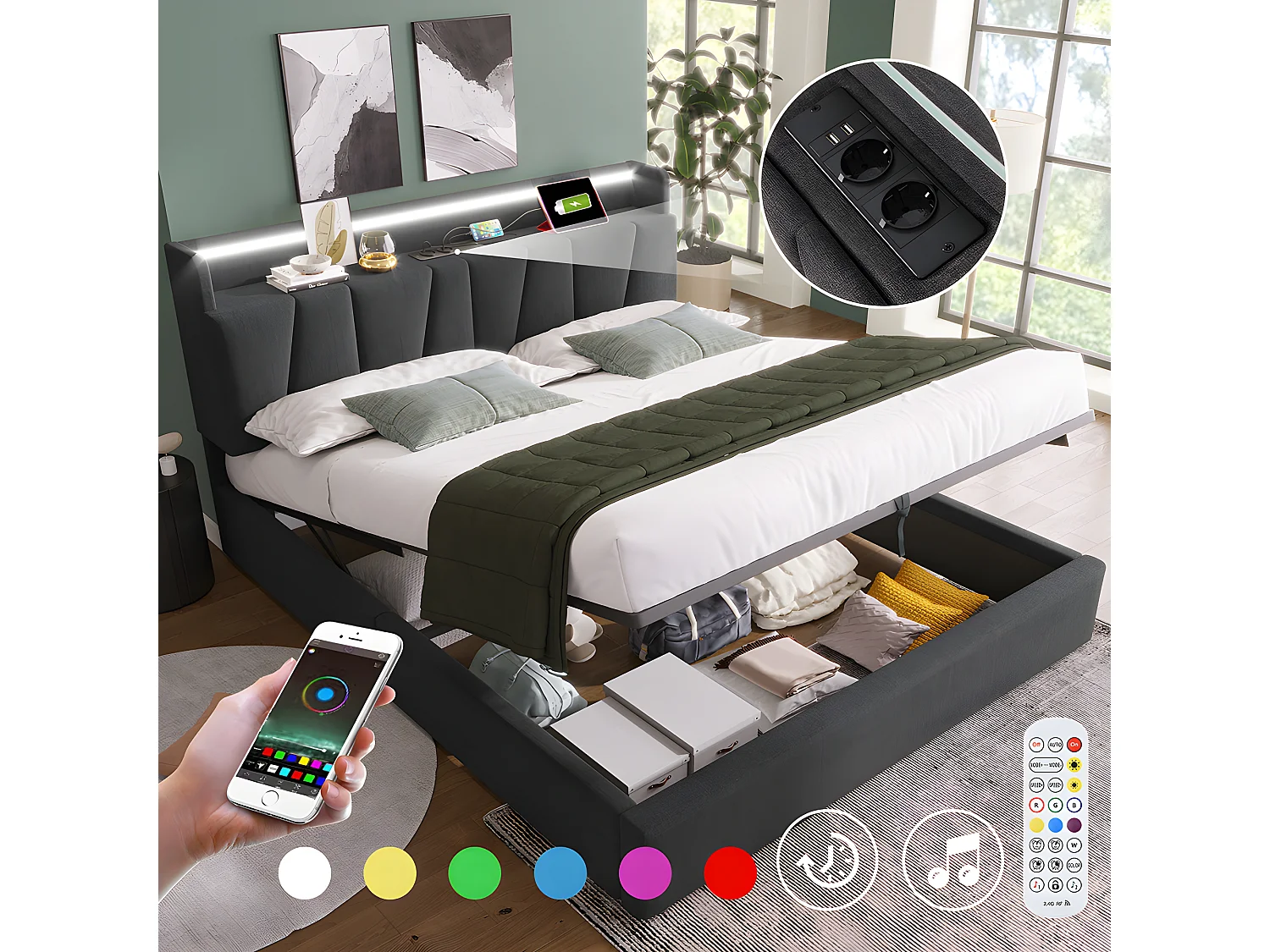 Lit coffre adulte capitonnée - 140 x 200 cm station de charge USB - chevets intégrés avec LED - Gris - Sweiko