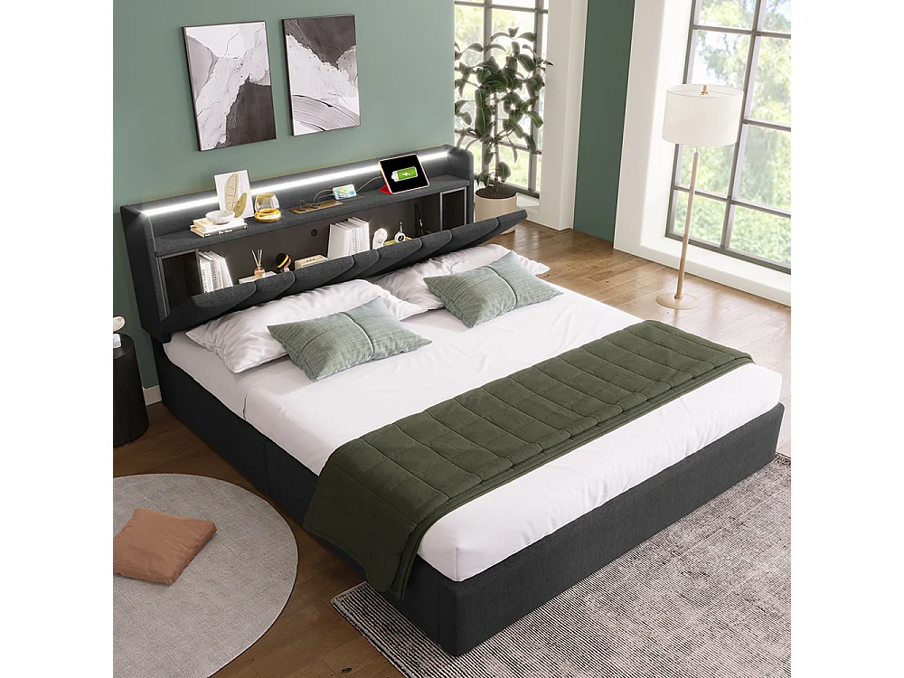 Lit coffre adulte capitonnée - 140 x 200 cm station de charge USB - chevets intégrés avec LED - Gris - Sweiko