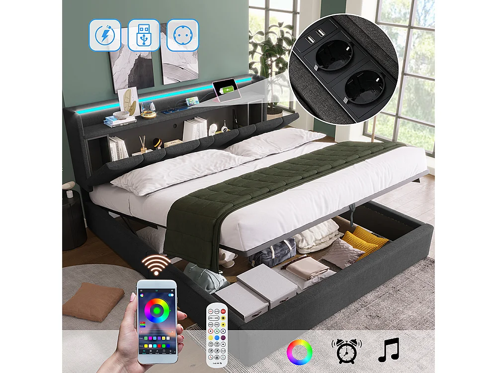 Lit coffre adulte capitonnée - 140 x 200 cm station de charge USB - chevets intégrés avec LED - Gris - Sweiko