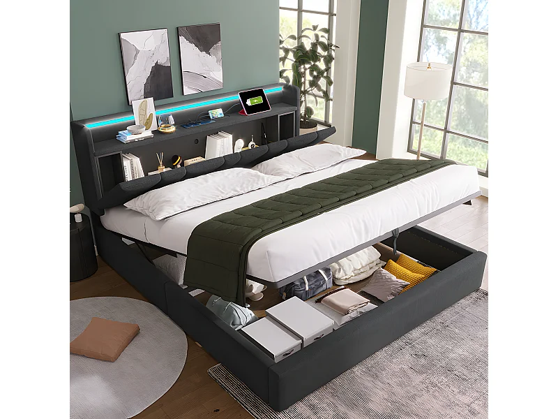 Lit coffre adulte capitonnée - 140 x 200 cm station de charge USB - chevets intégrés avec LED - Gris - Sweiko
