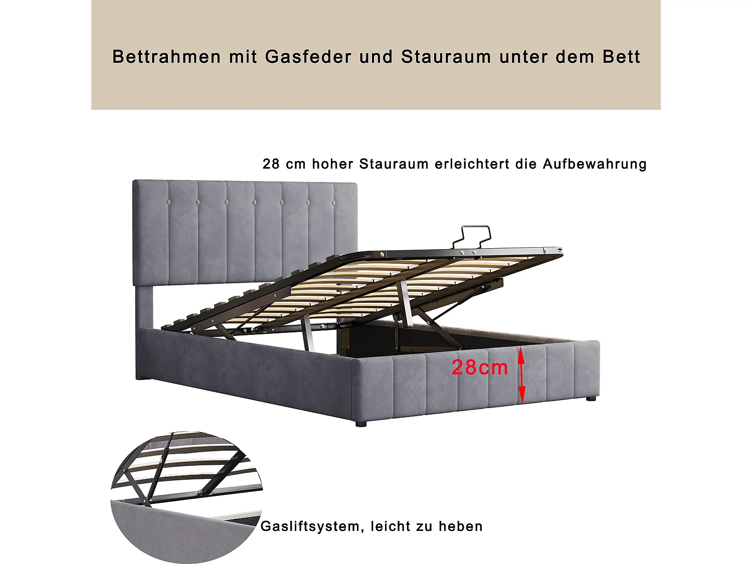 Lit coffre Lit double relevable hydrauliquement - gris 140x200 cm - Sweiko