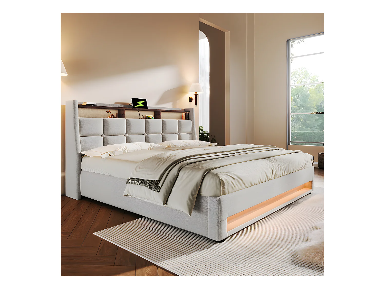 Lit coffre avec chargeur USB et LED - 140 x 200 cm - Beige - Sweiko