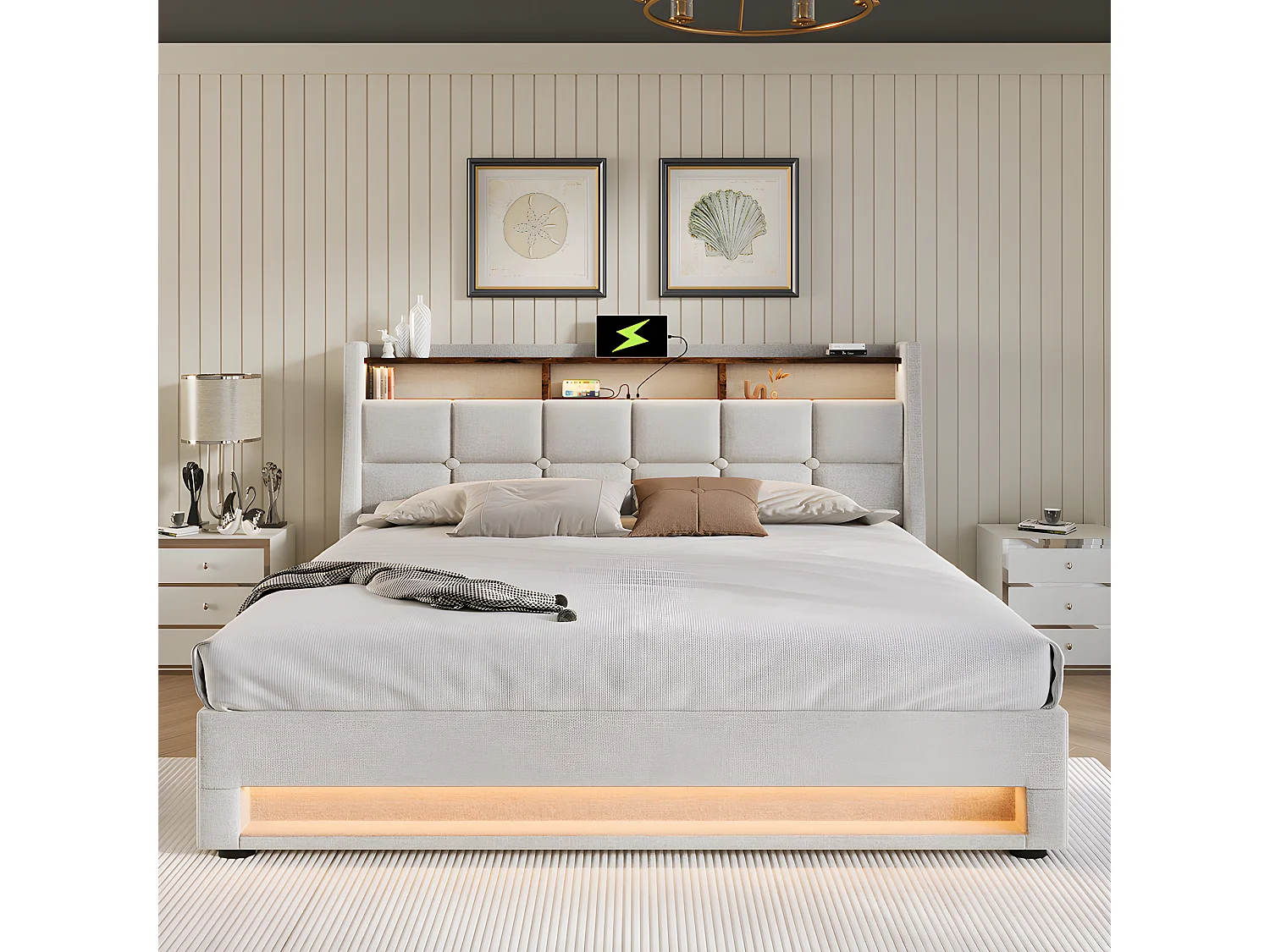 Lit coffre avec chargeur USB et LED - 140 x 200 cm - Beige - Sweiko