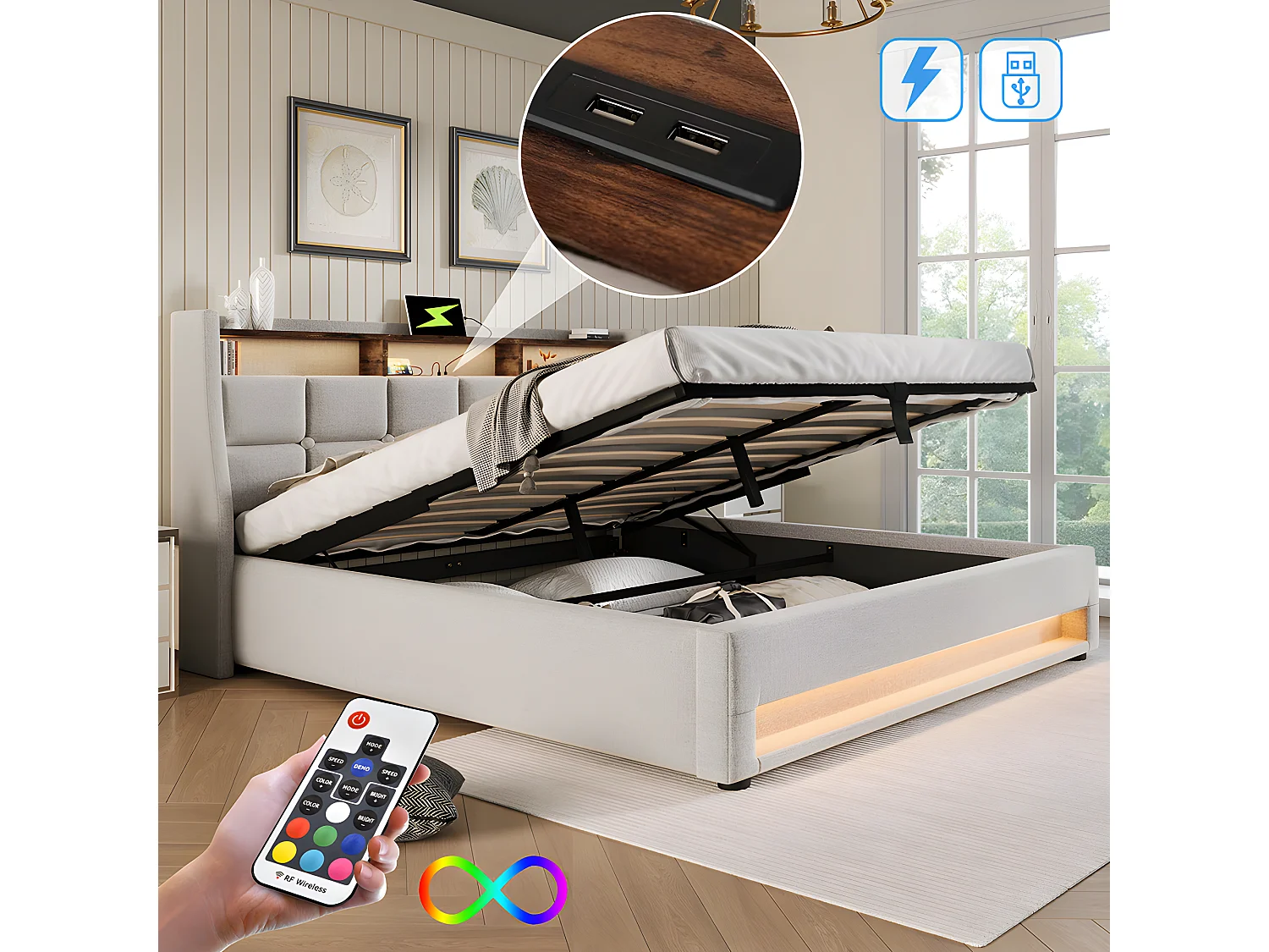 Lit coffre avec chargeur USB et LED - 140 x 200 cm - Beige - Sweiko