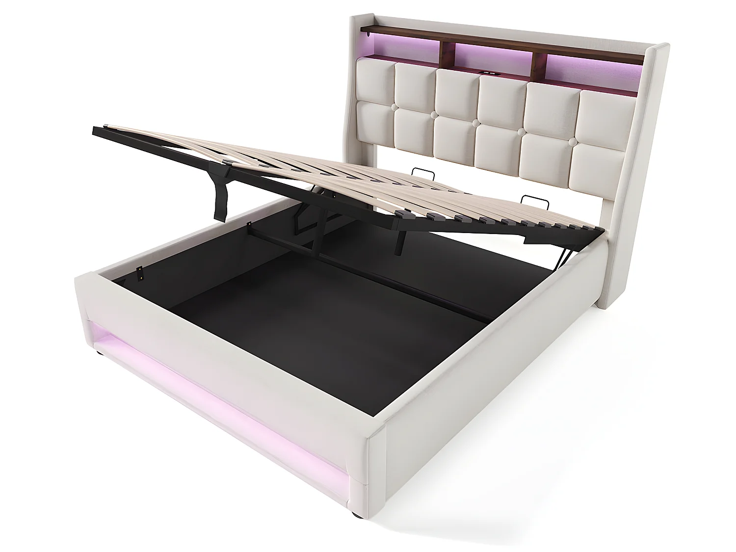 Lit coffre avec chargeur USB et LED - 140 x 200 cm - Beige - Sweiko