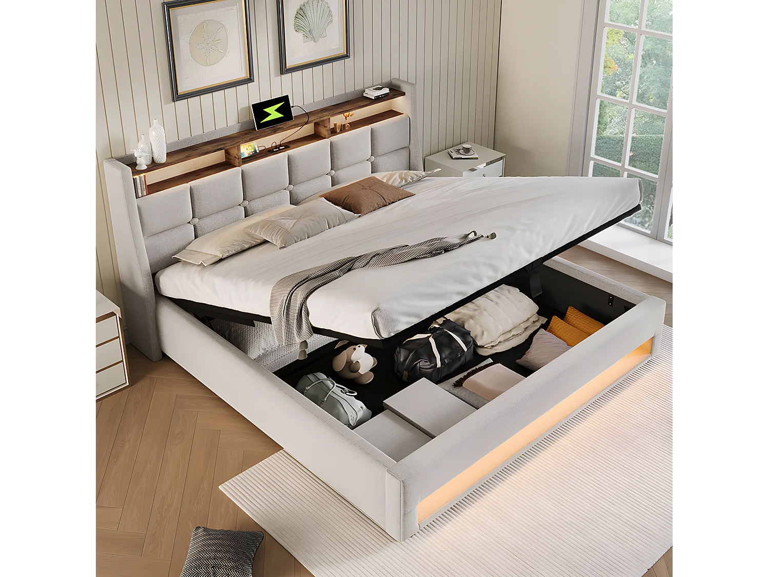 Lit coffre avec chargeur USB et LED - 140 x 200 cm - Beige - Sweiko