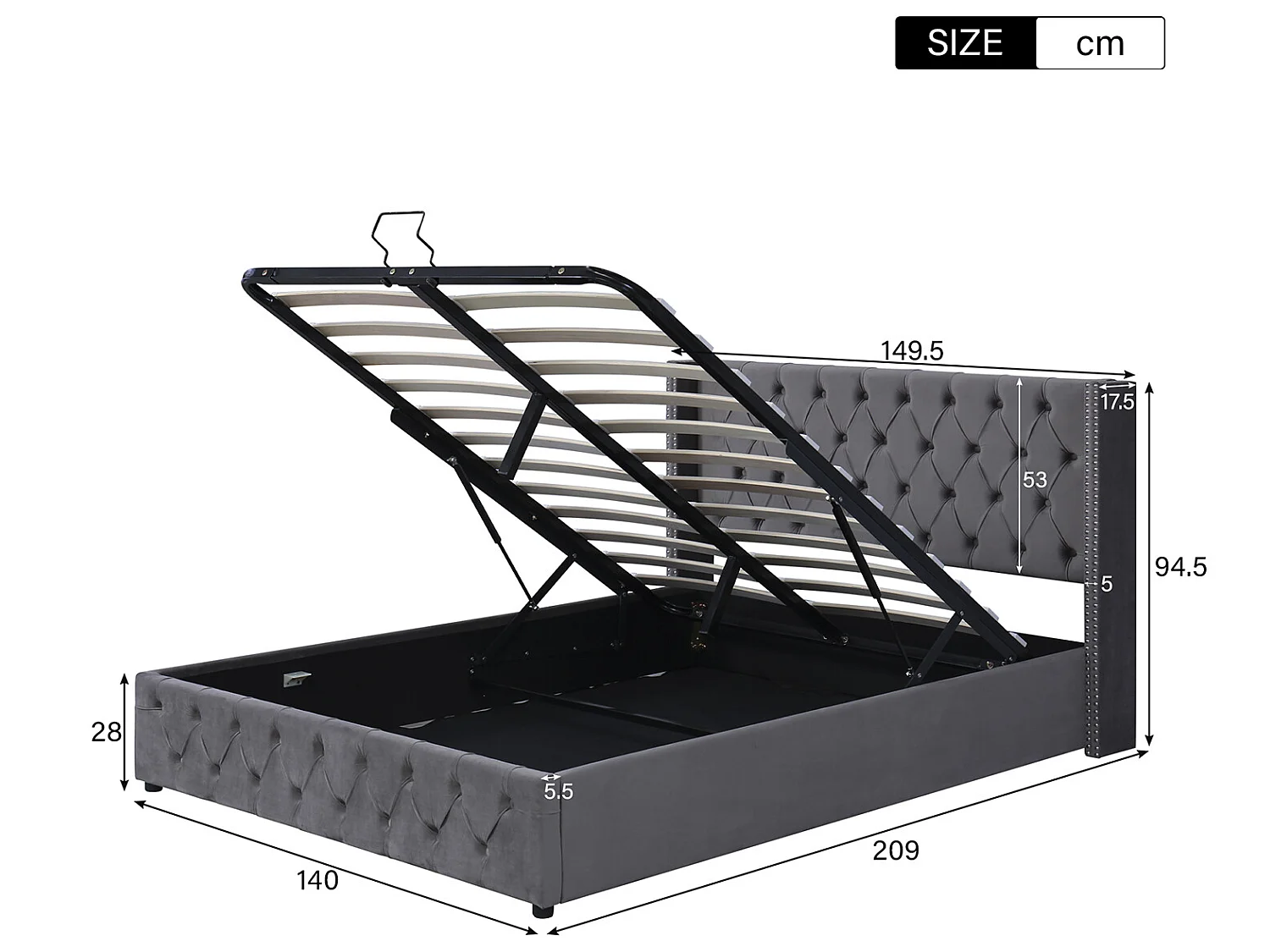 Lit coffre - point de bouton 140x200cm Lit à fonction hydraulique Gris - Sweiko
