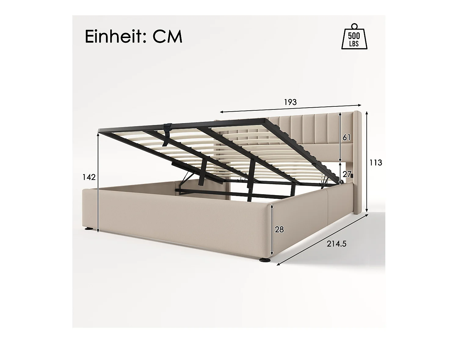 Lit coffre 180x200cm avec sommier à lattes relevable  - Beige - Sweiko