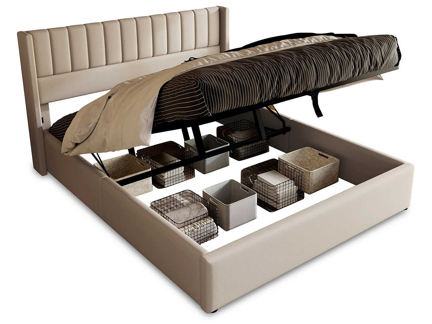 Lit coffre 180x200cm avec sommier à lattes relevable  - Beige - Sweiko