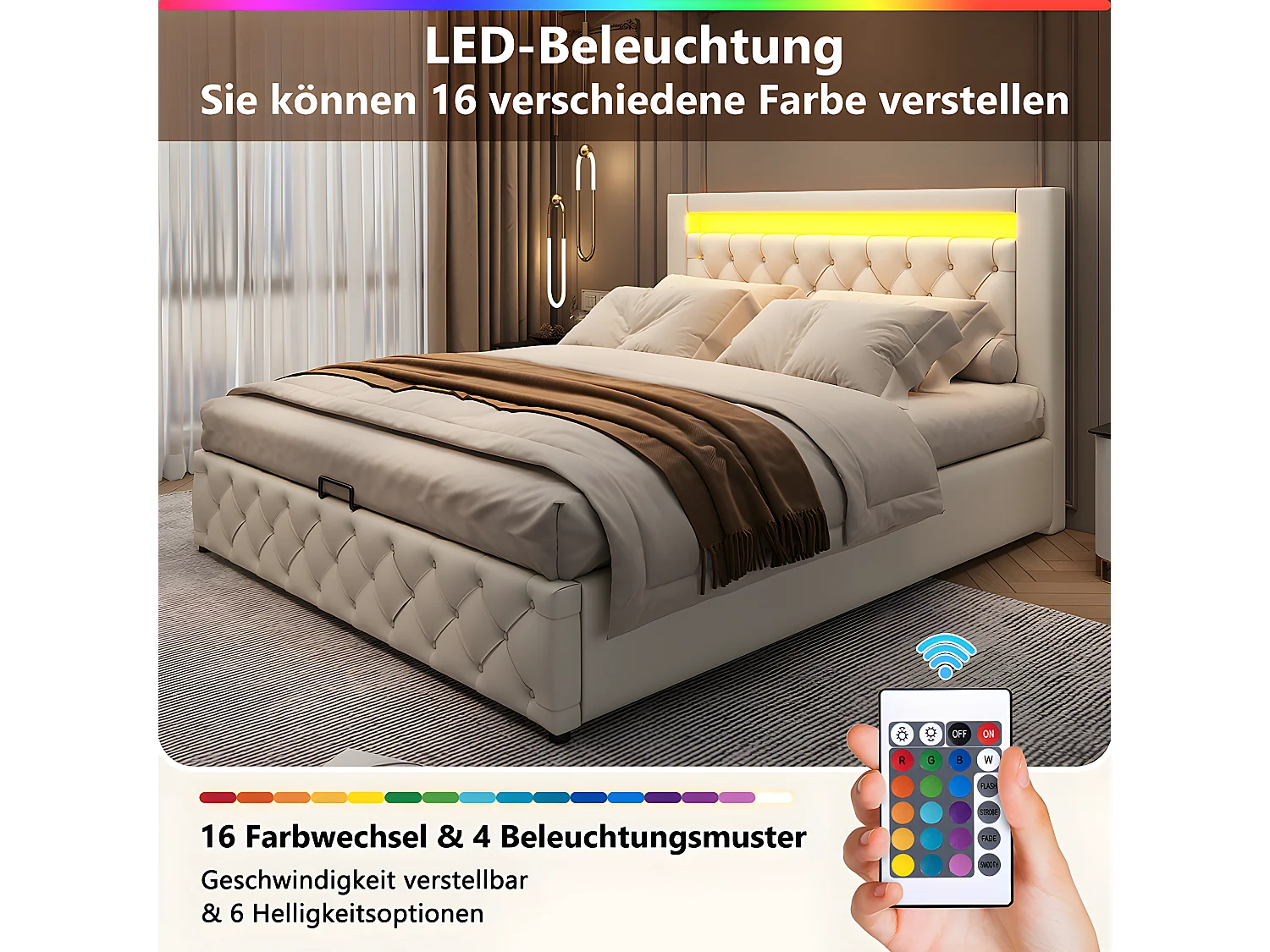 Lit  LED avec coffre - 140 x 200 cm - avec sommier à lattes relevable - Beige - Sweiko