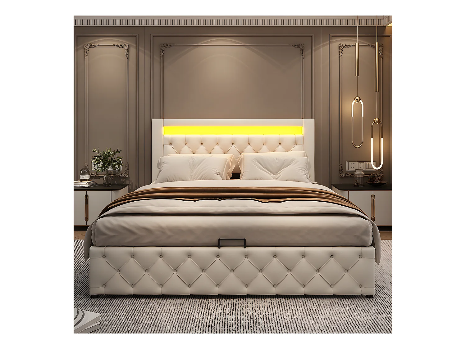 Lit  LED avec coffre - 140 x 200 cm - avec sommier à lattes relevable - Beige - Sweiko