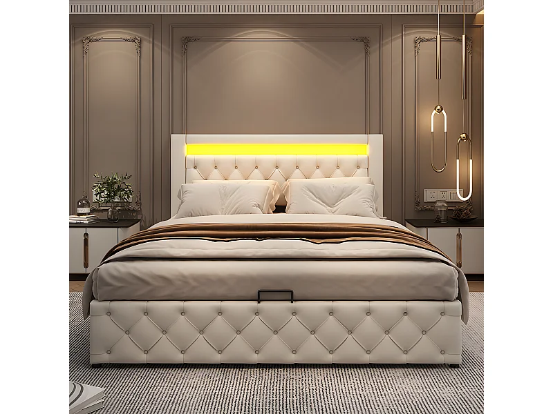 Lit  LED avec coffre - 140 x 200 cm - avec sommier à lattes relevable - Beige - Sweiko