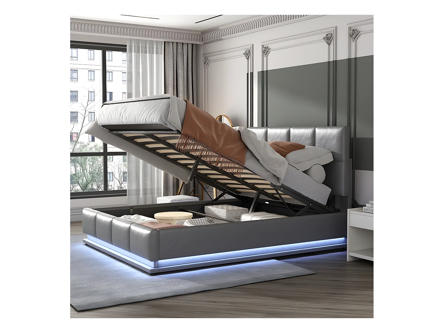 Lit coffre avec LED Tête de lit capitonnée - 140 x 200 cm - Sweiko