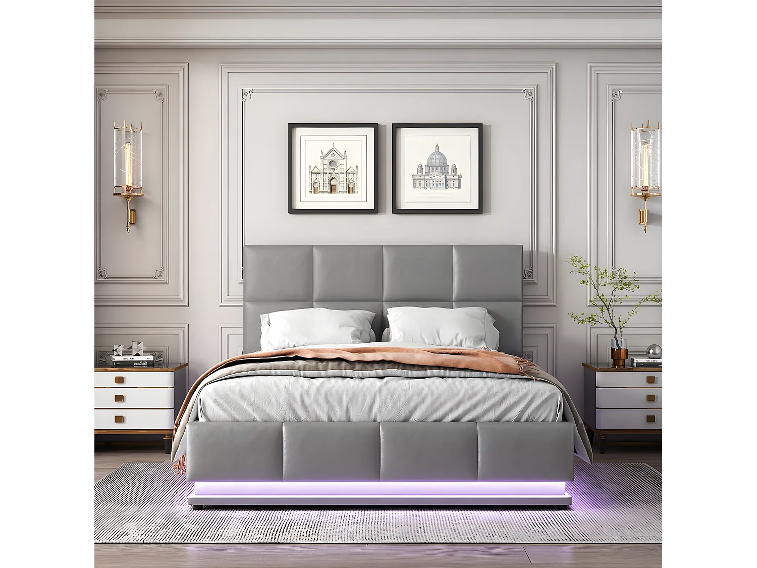 Lit coffre avec LED Tête de lit capitonnée - 140 x 200 cm - Sweiko