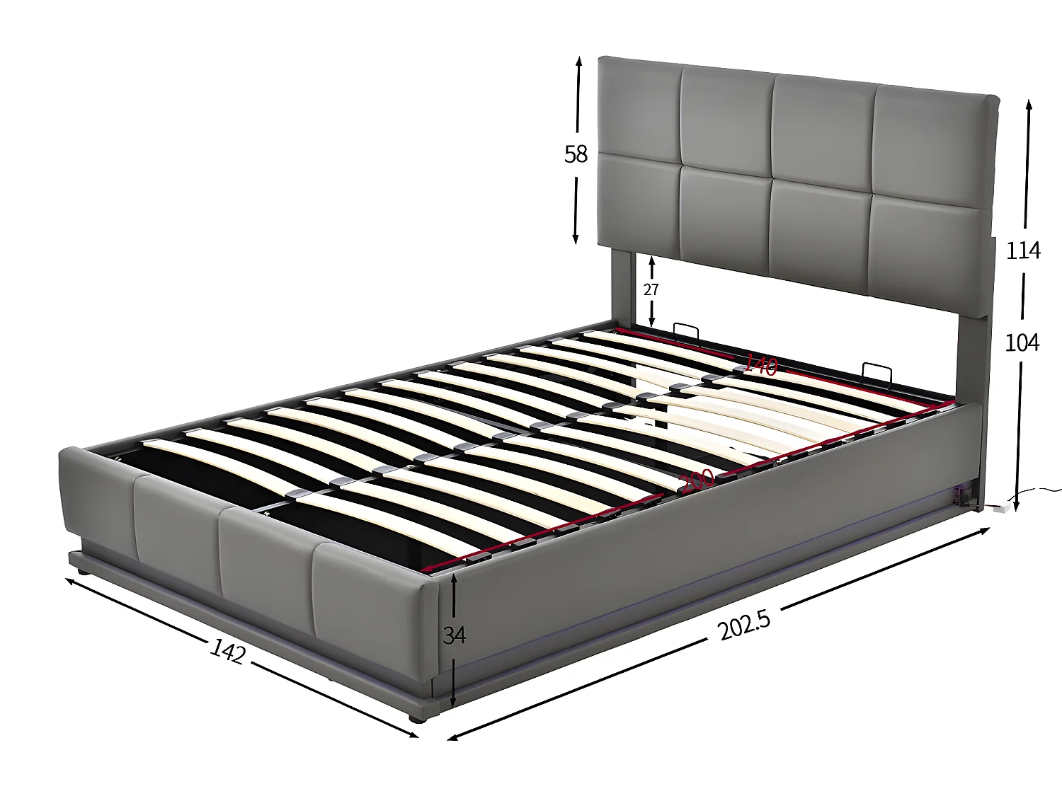 Lit coffre avec LED Tête de lit capitonnée - 140 x 200 cm - Sweiko