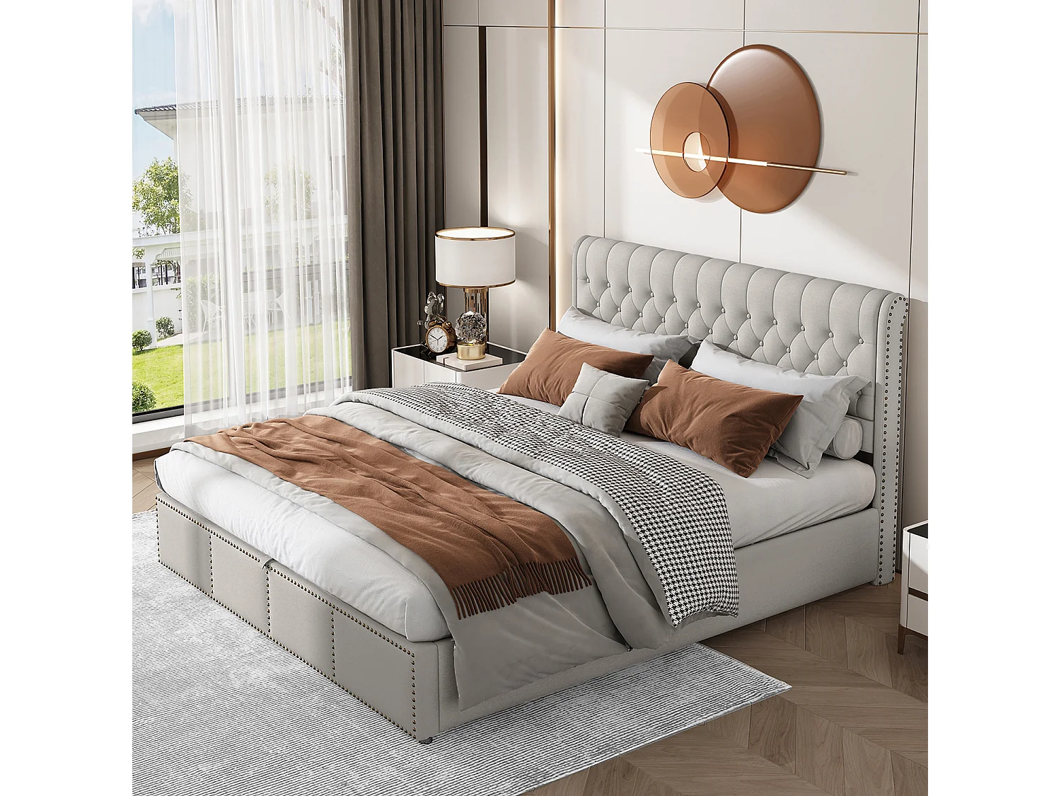 Lit coffre - 180x200cm - avec sommier à lattes - lin - gris - Sweiko