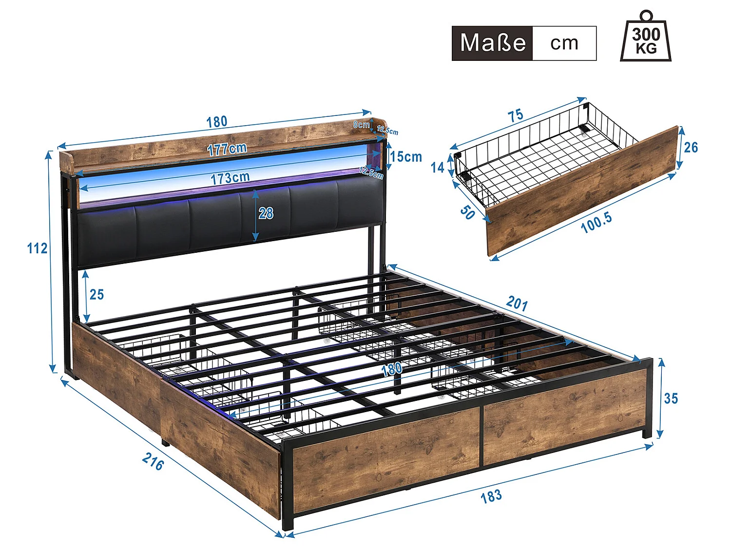 Lit coffre avec tiroirs - 180x200cm - avec LED- Marron - Sweiko