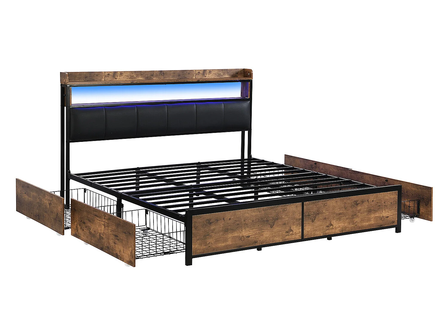 Lit coffre avec tiroirs - 180x200cm - avec LED- Marron - Sweiko