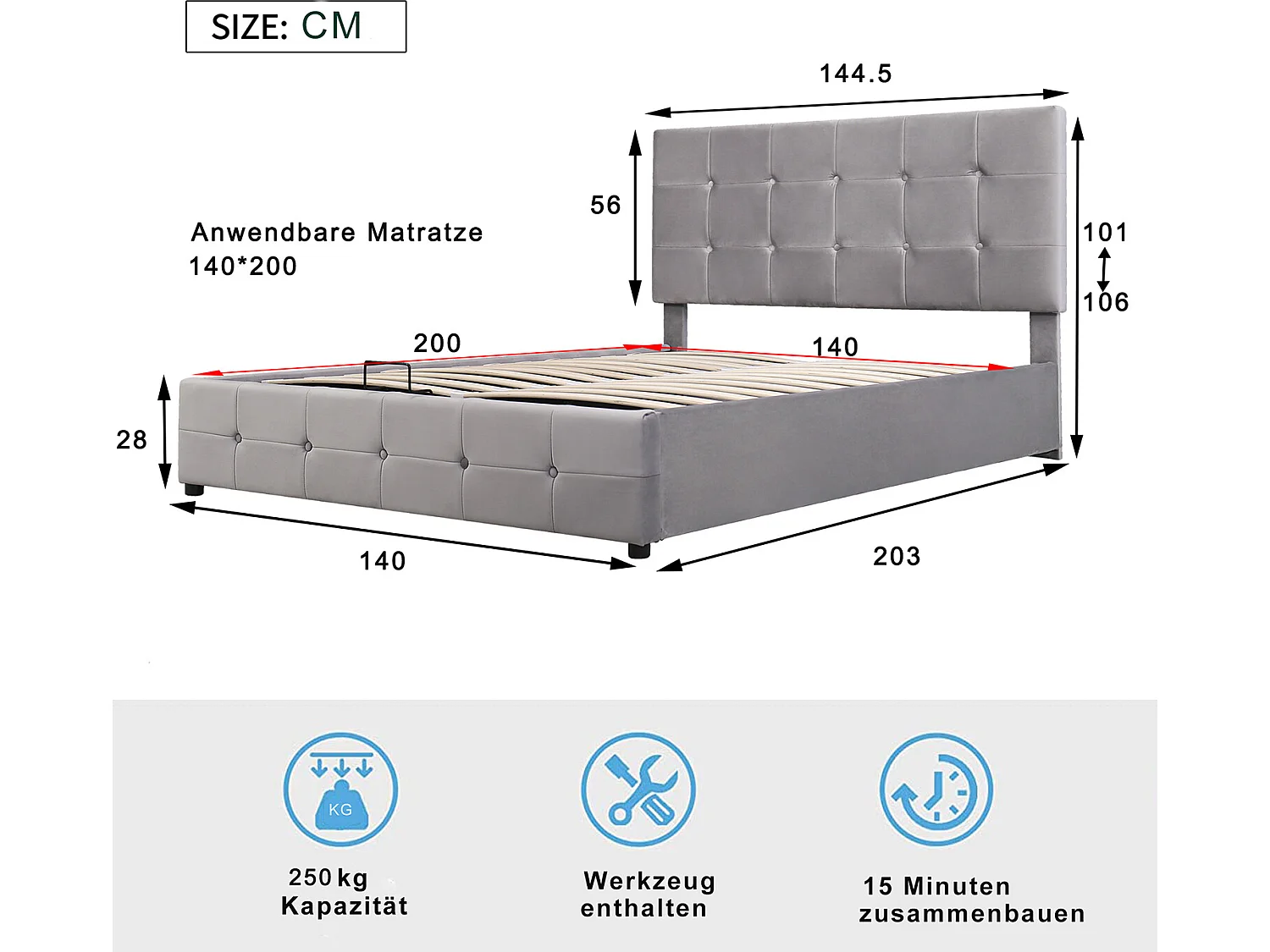 Lit coffre - avec élévation hydraulique lit de rangement - gris - Sweiko