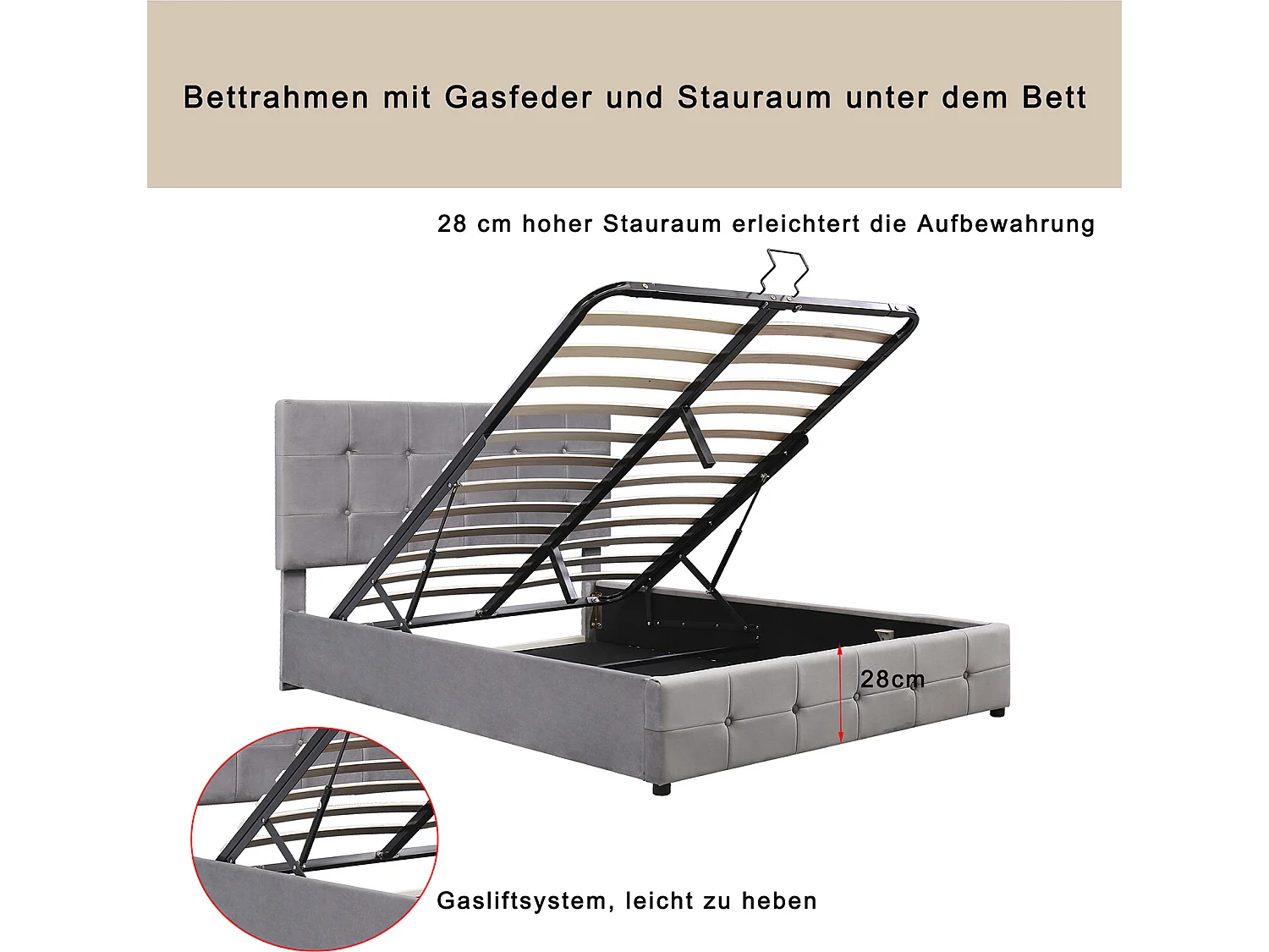 Lit coffre - avec élévation hydraulique lit de rangement - gris - Sweiko