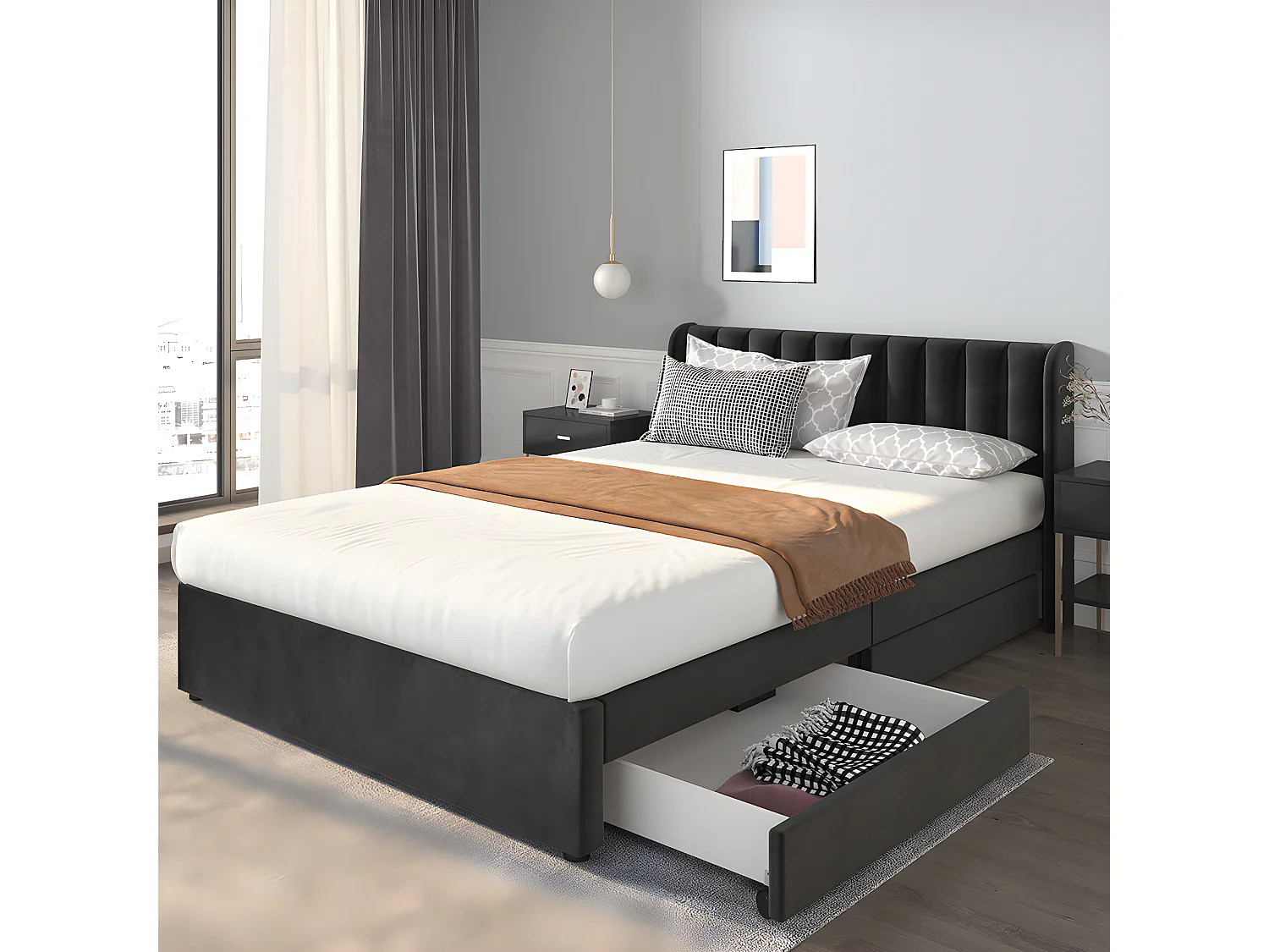 Lit coffre - 160 x 200 cm - avec sommier à lattes relevable - Gris - Sweiko