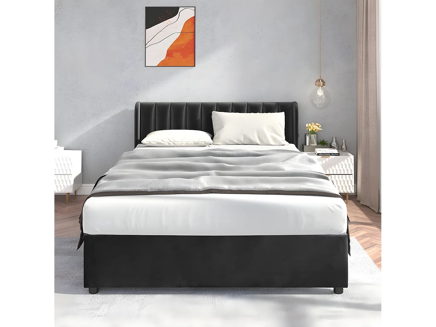 Lit coffre - 160 x 200 cm - avec sommier à lattes relevable - Gris - Sweiko
