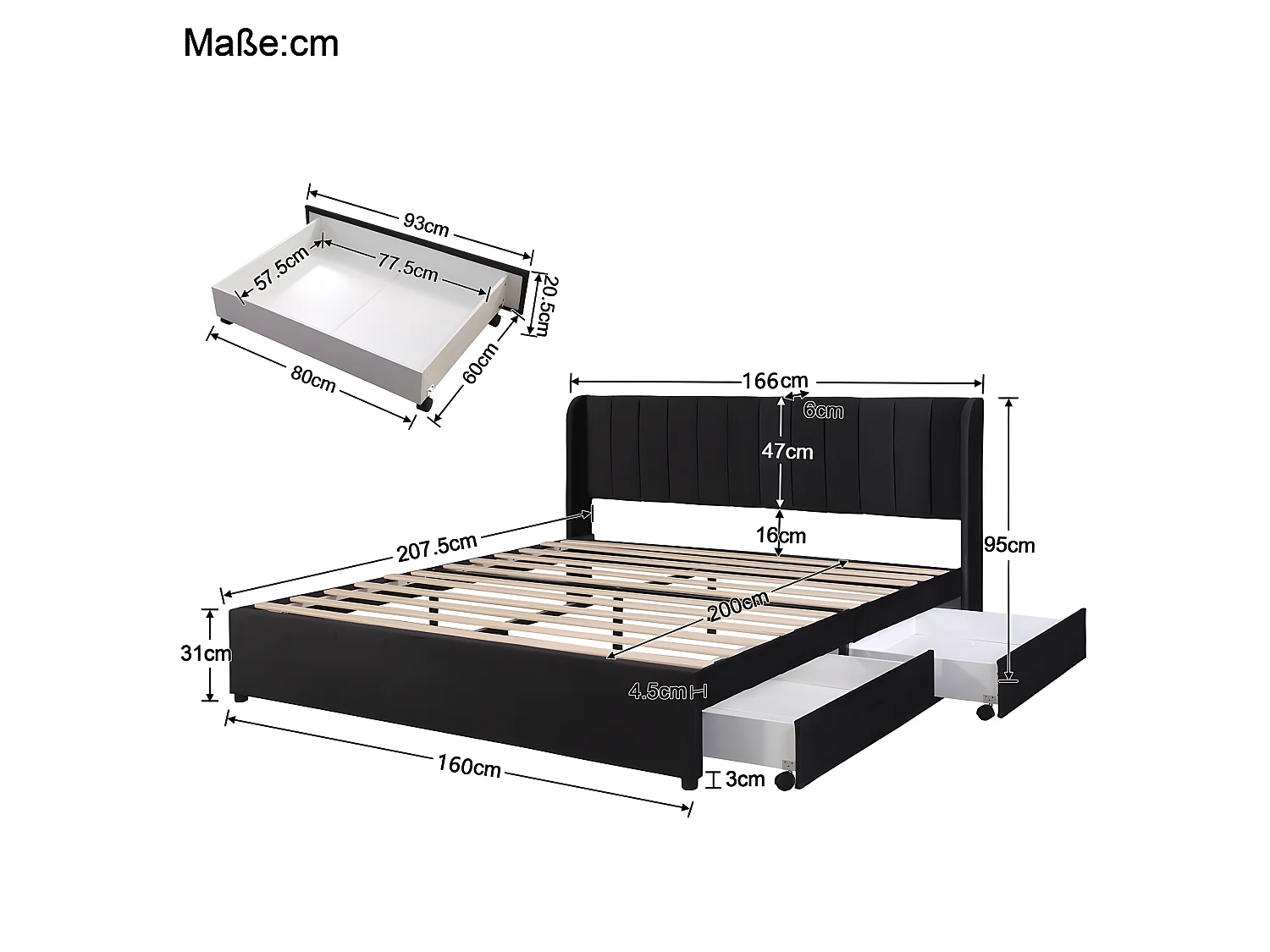 Lit coffre - 160 x 200 cm - avec sommier à lattes relevable - Gris - Sweiko