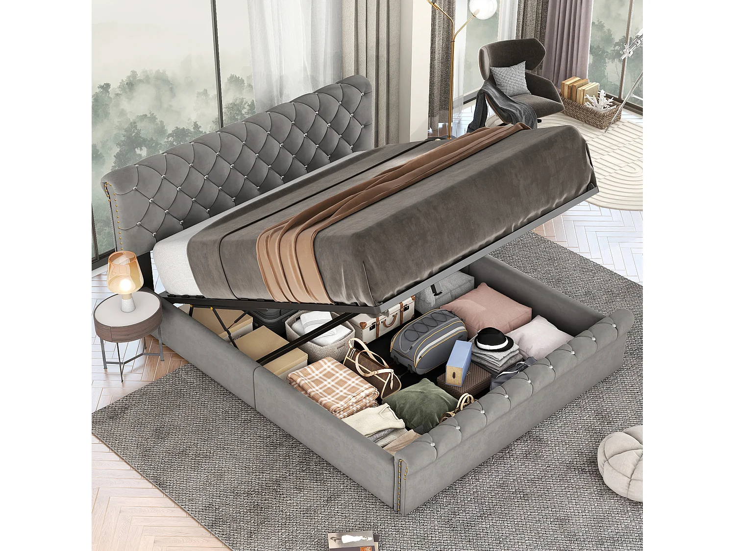 Lit coffre Lit double Euro - 140 x 200 cm Velours gris - Sweiko