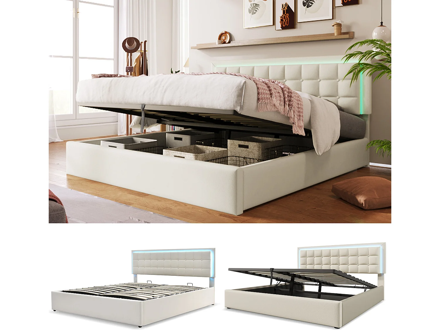 Lit coffre - Lit LED - avec espace de rangement - 180x200 cm - cuir Blanc - Sweiko