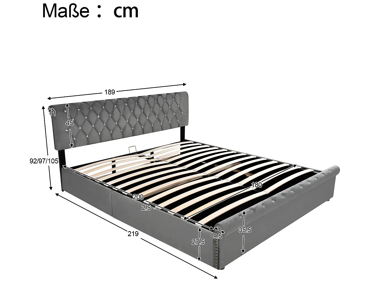 Lit coffre Lit pour adolescents - gris 180x200 avec sommier à lattes et tête de lit - Sweiko