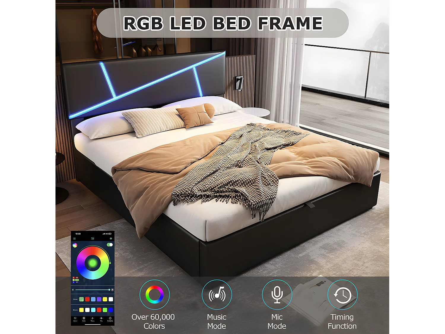 Lit coffre Lit 160x200 cm - avec rangement - Noir- Sweiko