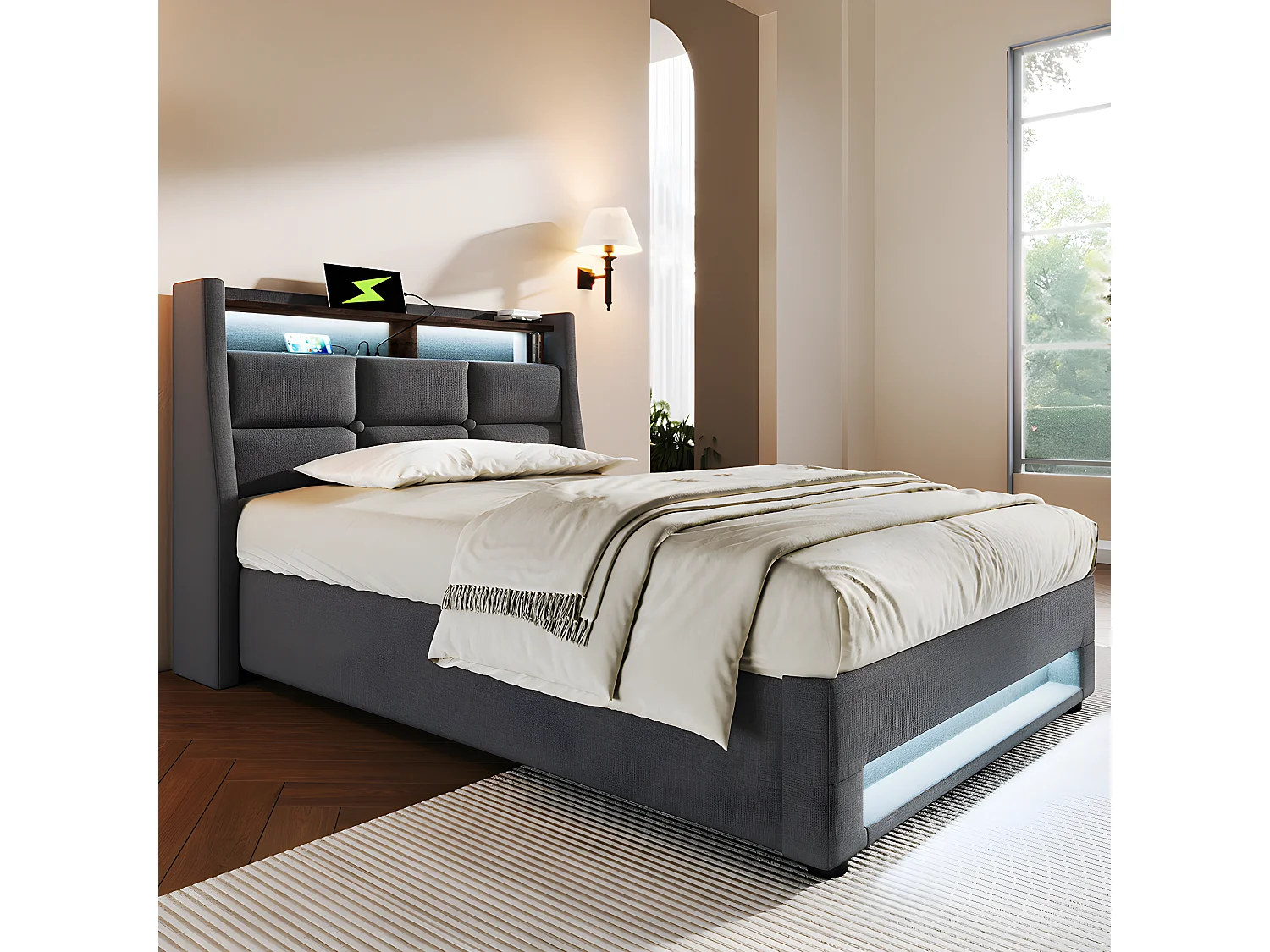 Lit coffre avec chargeur USB et LED - 160 x 200 cm - Beige - Sweiko