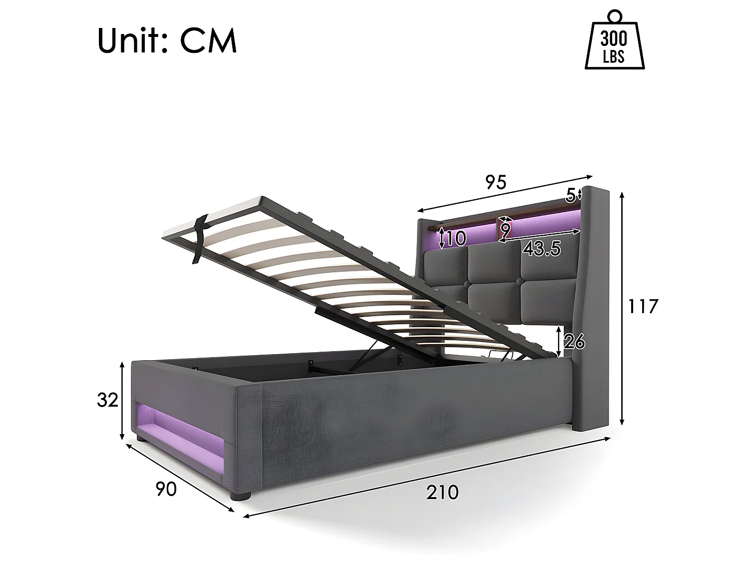 Lit coffre avec chargeur USB et LED - 160 x 200 cm - Beige - Sweiko