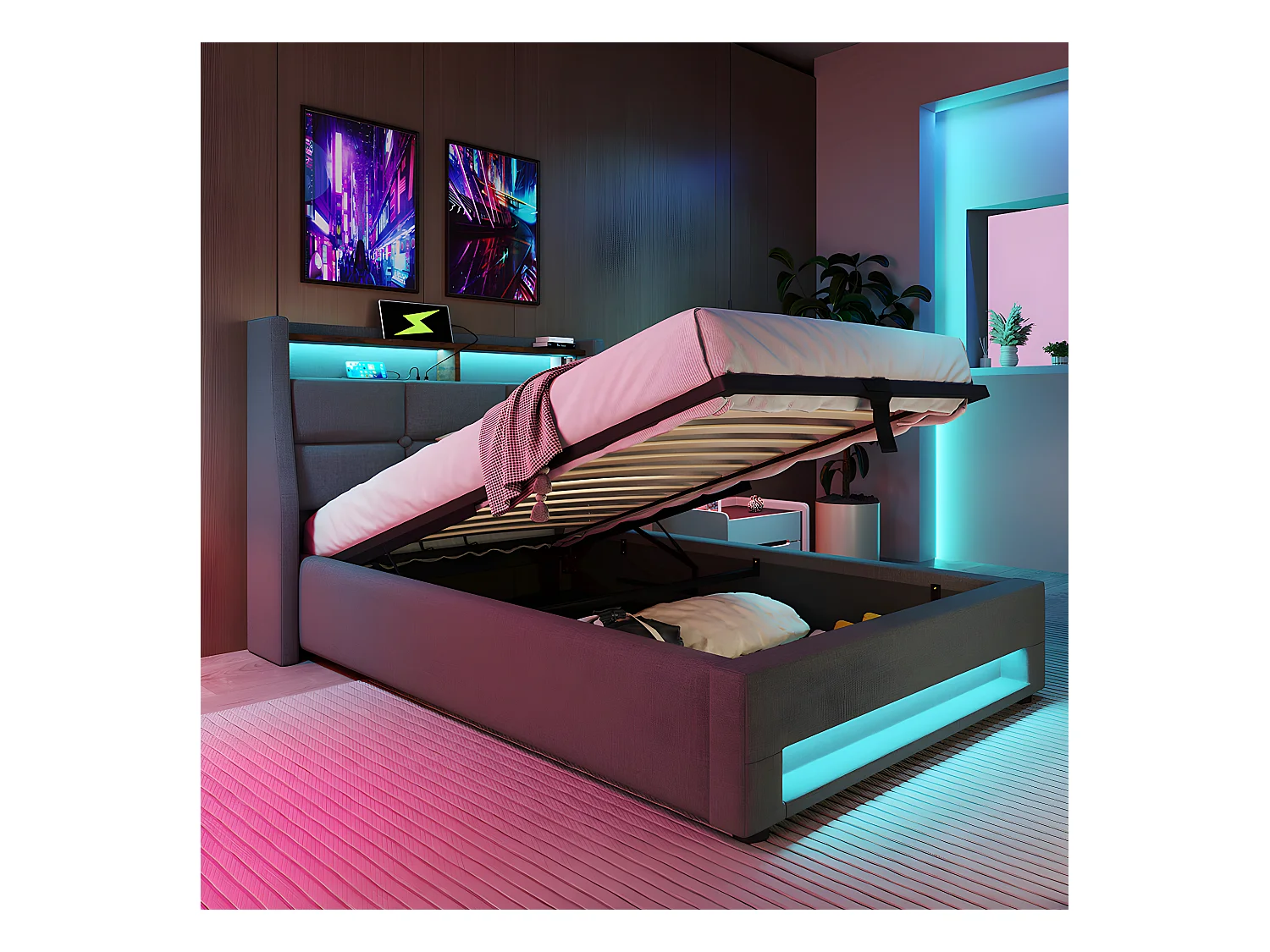 Lit coffre avec chargeur USB et LED - 160 x 200 cm - Beige - Sweiko