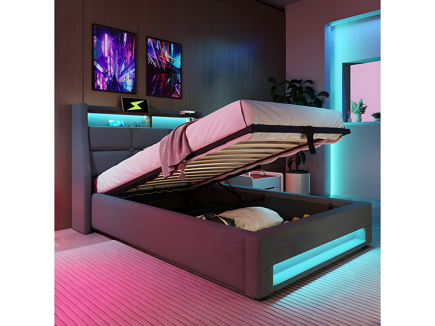 Lit double 160x200 cm avec LED - structure de lit flottant avec sommier