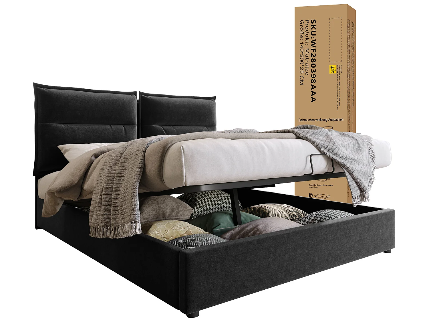 Lit coffre - 140x200cm - avec grand espace de rangement, noir - Sweiko