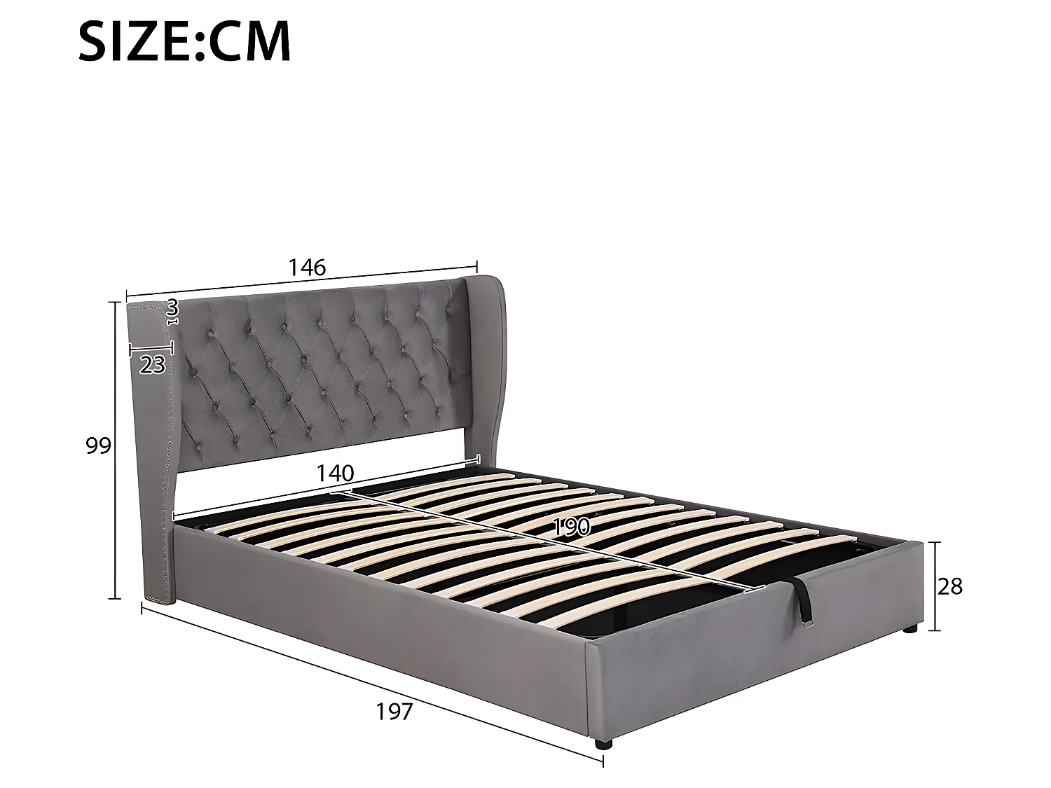 Lit coffre - 140 x 190 cm - avec sommier à lattes relevable - Gris - Sweiko