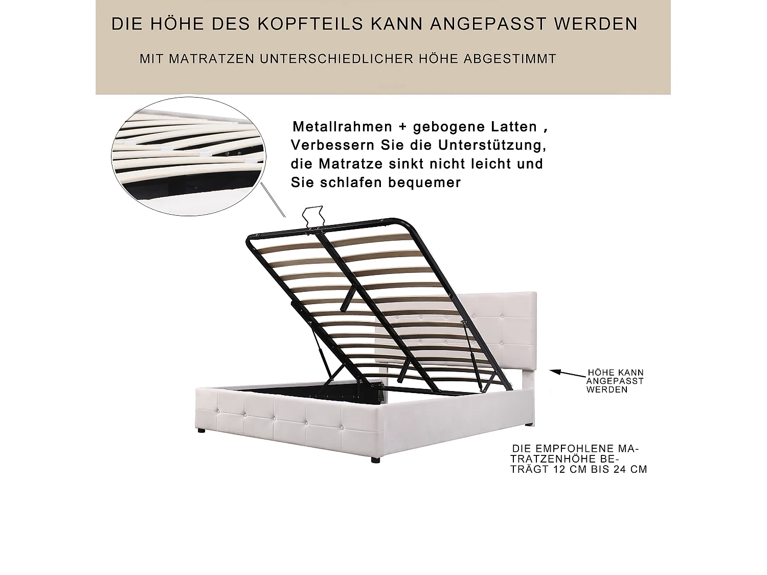 Lit coffre 140x200 cm - avec élévation hydraulique lit de rangement - blanc crème - Sweiko