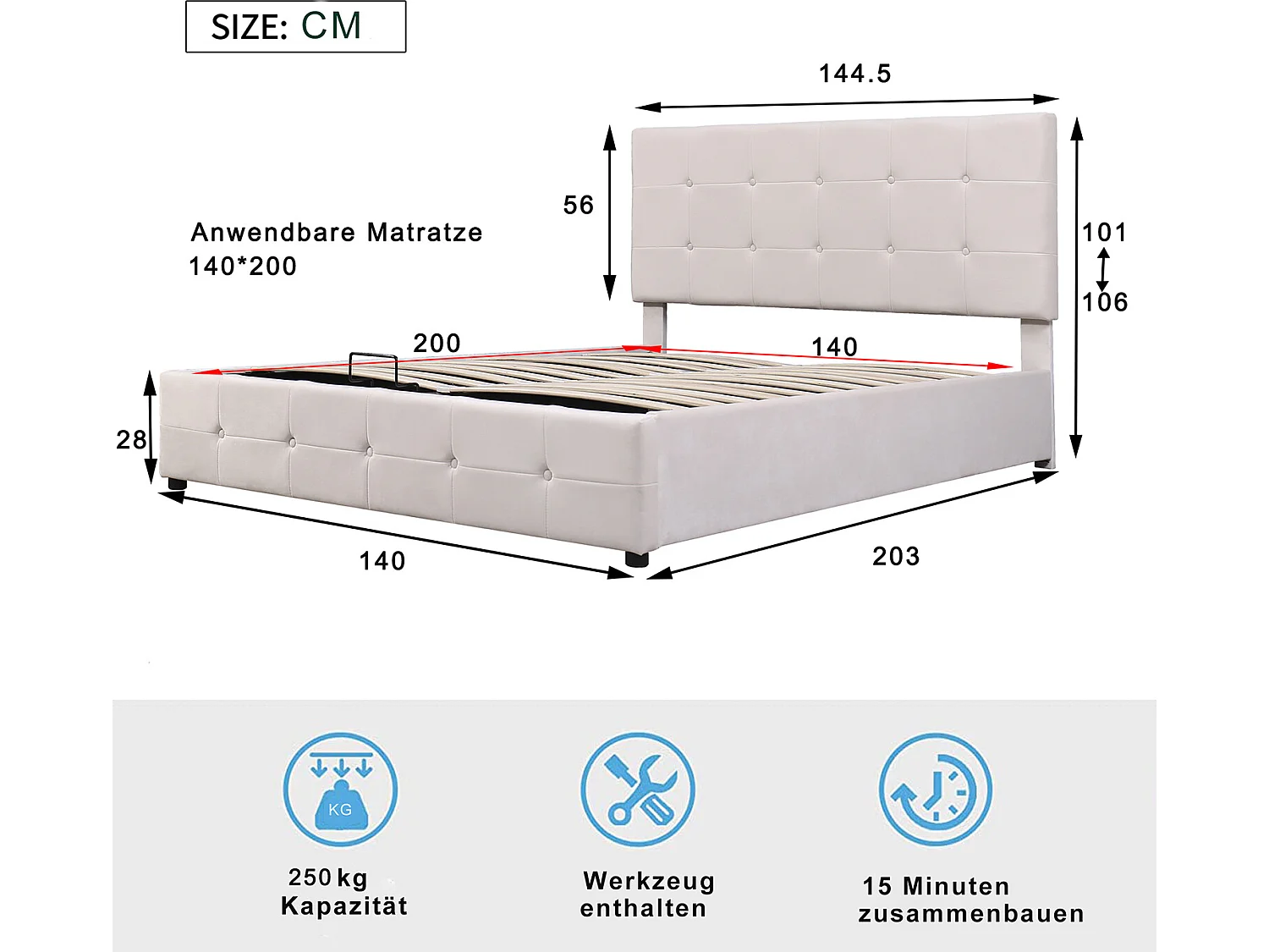 Lit coffre 140x200 cm - avec élévation hydraulique lit de rangement - blanc crème - Sweiko