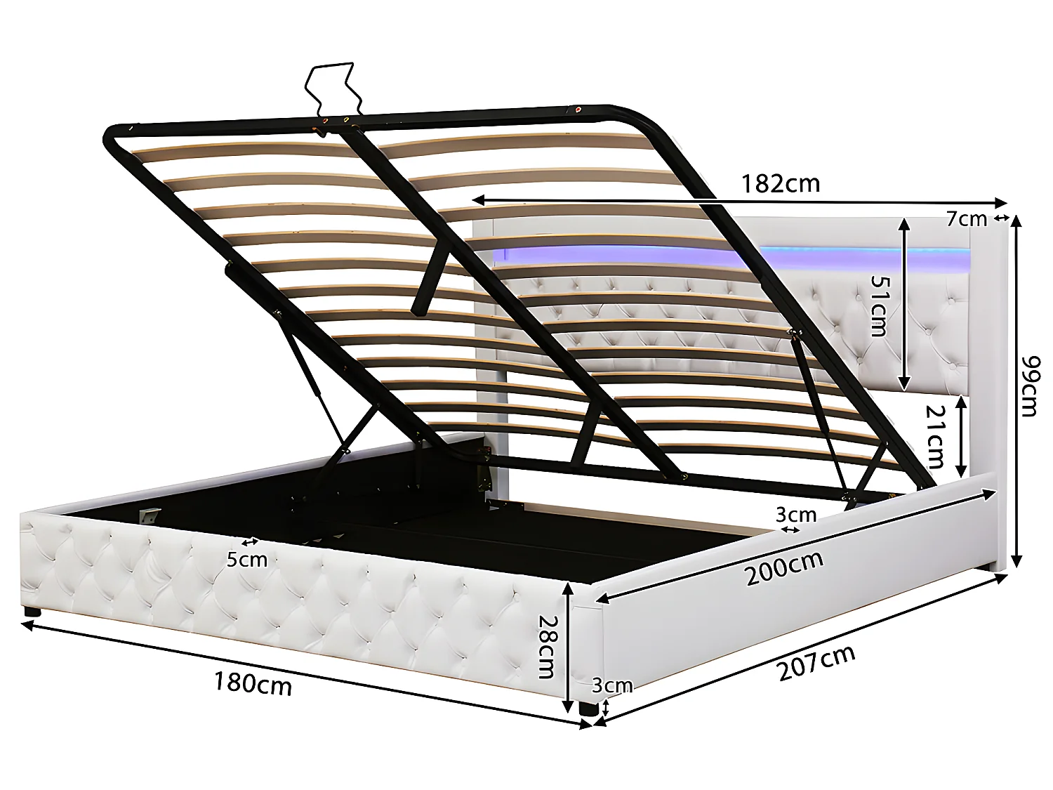 Lit  LED avec coffre - 180 x 200 cm - avec sommier à lattes relevable - Beige - Sweiko