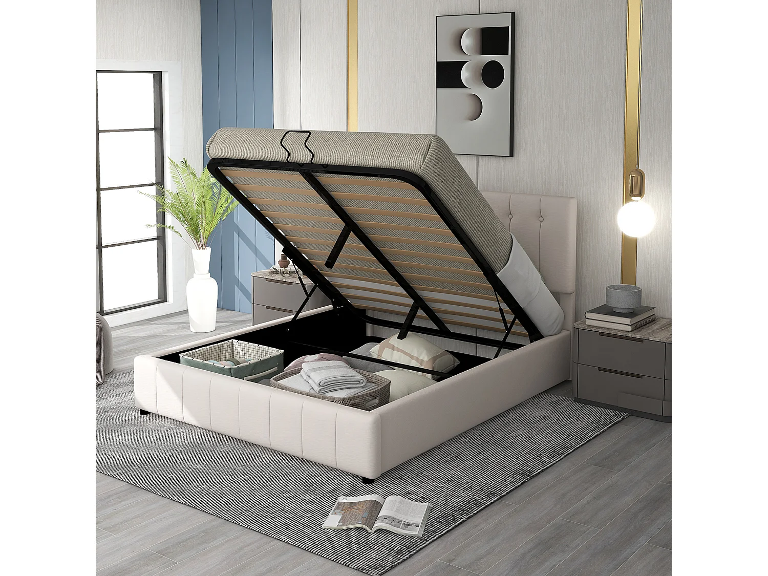 Lit coffre Lit double 140x200 cm lit avec rangement - Blanc crème - Sweiko