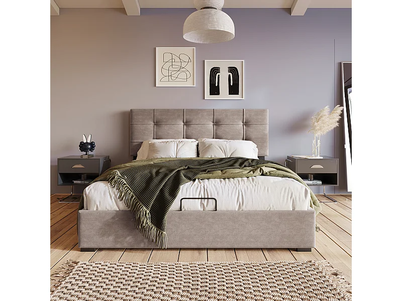 LLit coffre it double hydraulique capitonné - Gris clair 140x200 cm matelas inclus - Sweiko